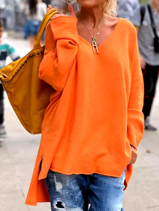 Lockerer langer Strickpullover für Damen mit V-Ausschnitt